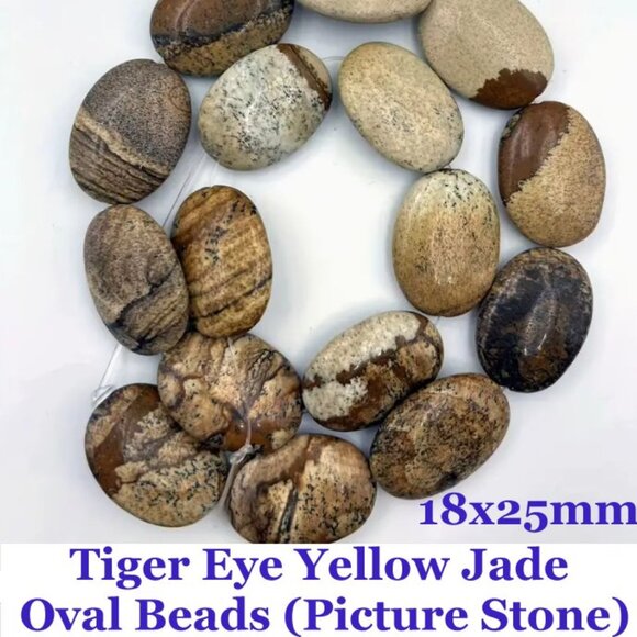 Tiger Eye Yellow Jade Oval Beads (Picture Stone) 18x25mm 7 Beads - Picture 1 of 1